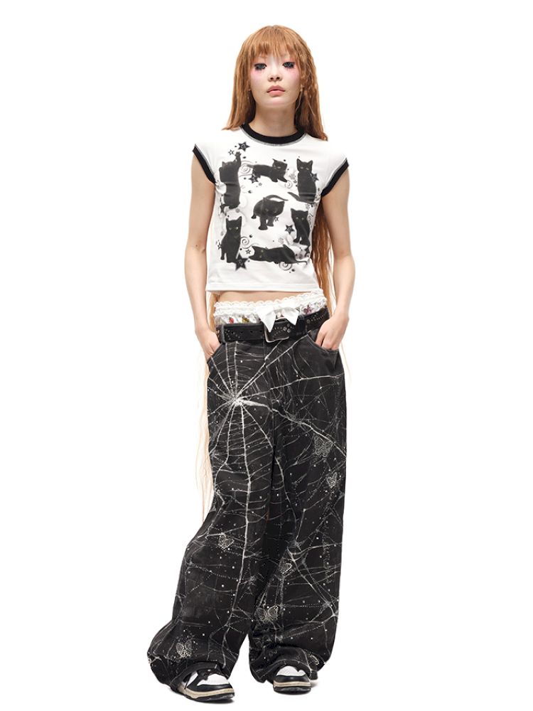 Black Cat Print Short Sleeve T-Shirt【s0000012587】