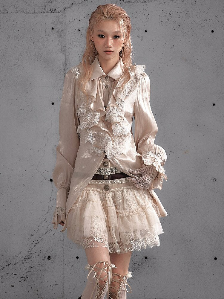 Ruffled Lace Satin Silk Shirt【s0000019157】