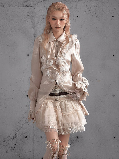 Ruffled Lace Satin Silk Shirt【s0000019157】