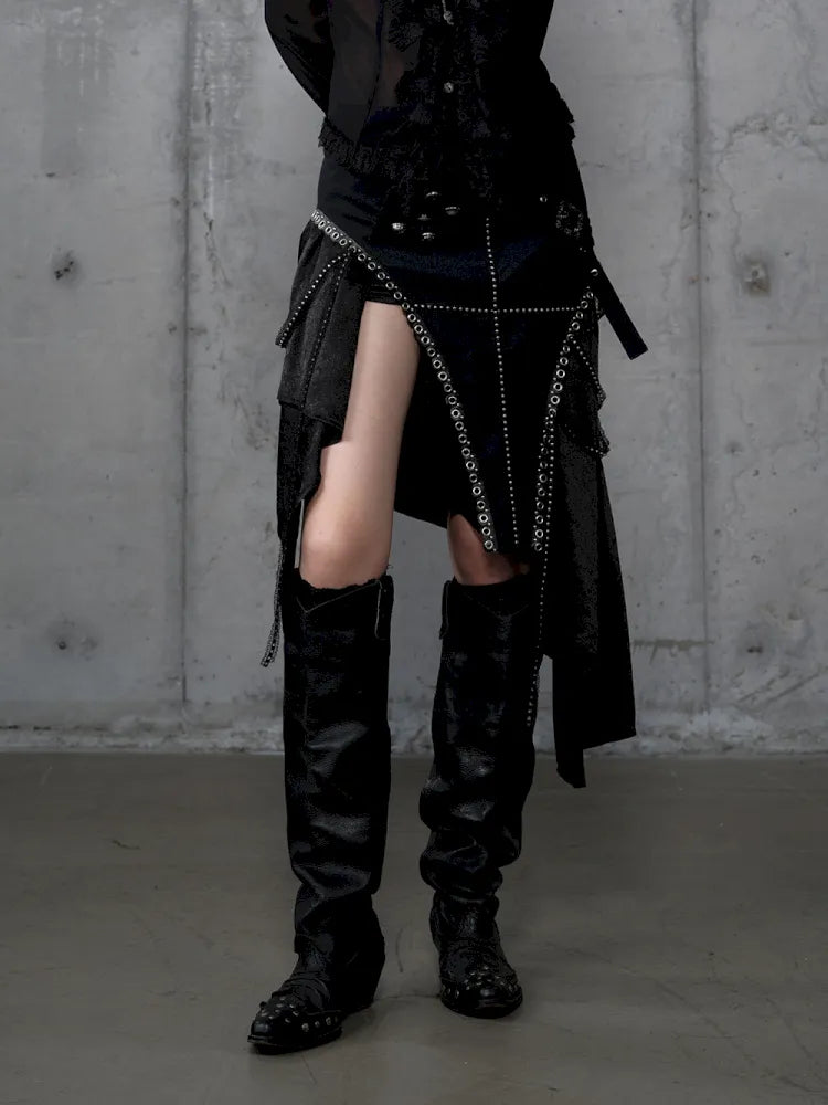 Asymmetric Leather-Satin Skirt【s0000013944】