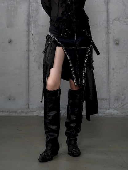 Asymmetric Leather-Satin Skirt【s0000013944】