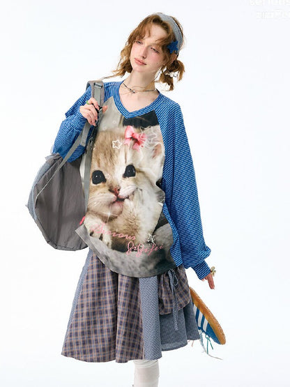 Striped Cat Print Sweatshirt Top【s0000017881】
