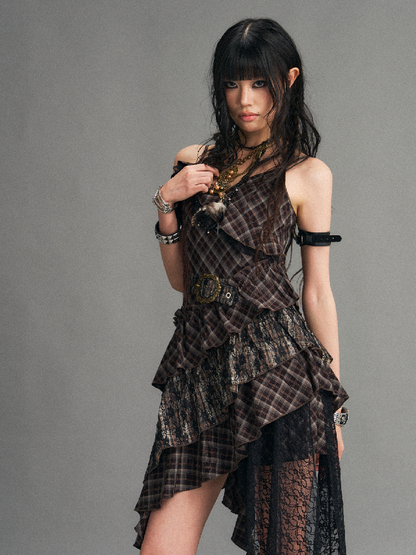 Vintage Patchwork Lace Plaid Dress【s0000017532】