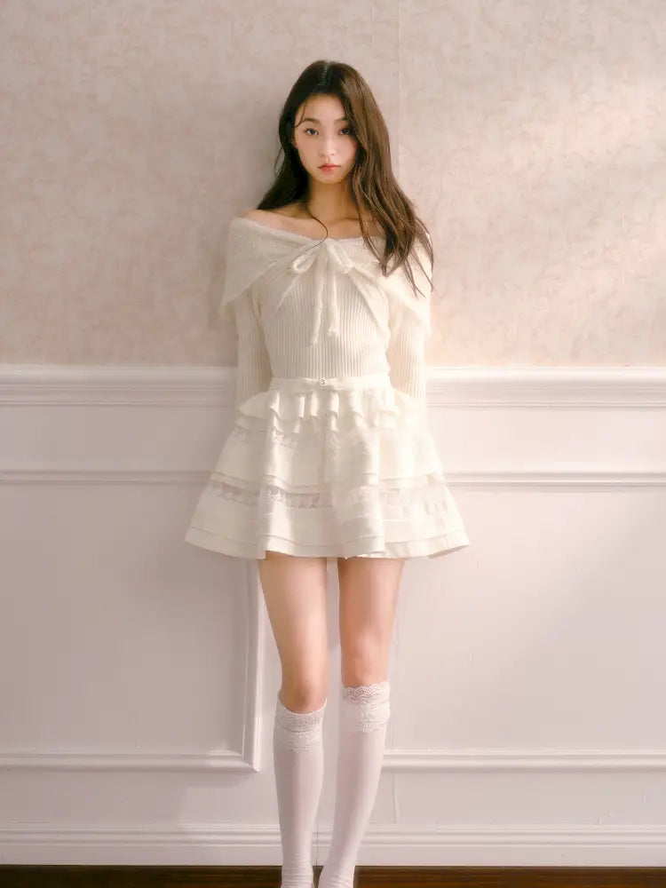 Bow-Tie Slim-Fit Long-Sleeve Knit Top【s0000014339】