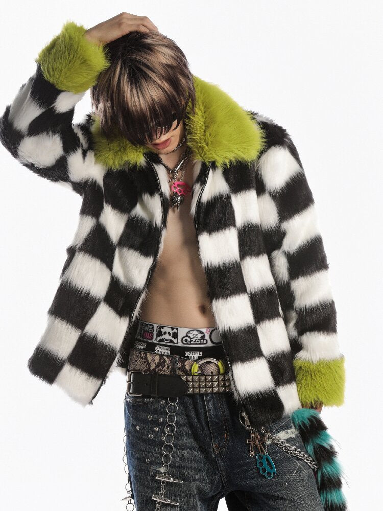 Checkerboard Patchwork Faux Coat【s0000019278】