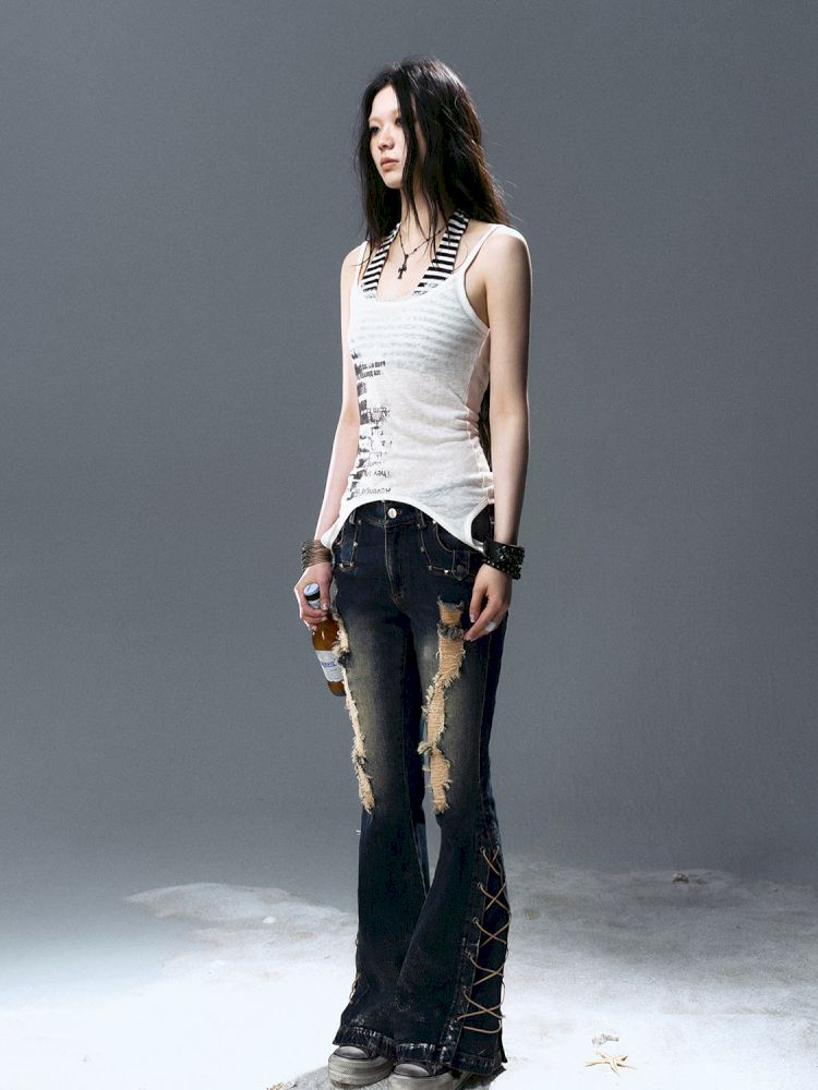 No-wash slim-fit ripped low-rise jeans【s0000012805】