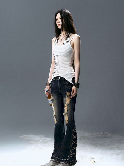 No-wash slim-fit ripped low-rise jeans【s0000012805】