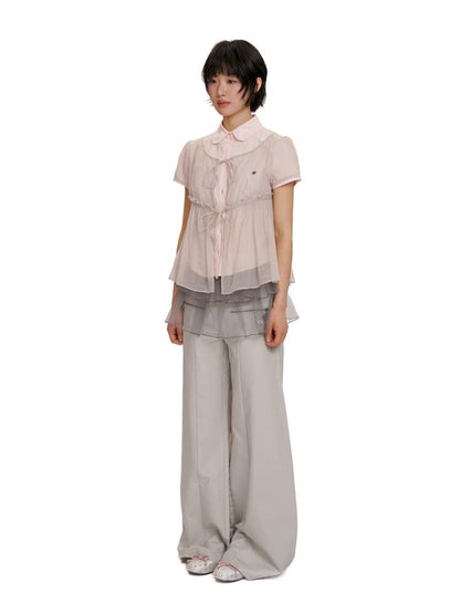 Lace Bottom Hem Slim Short Sleeve Shirt【s0000012487】
