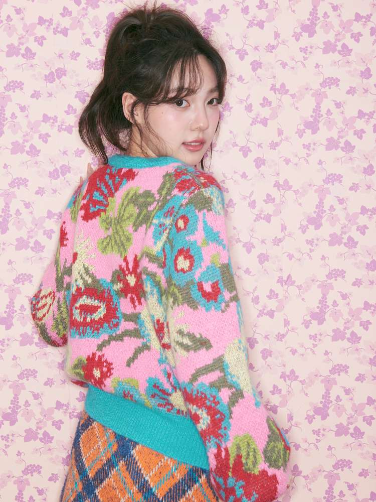 Pink Green Flower Knitted Sweater【s0000015370】