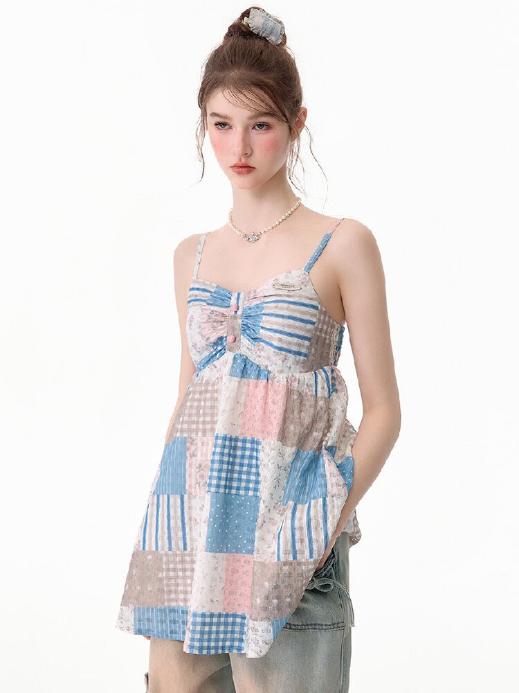 Color-Blocked Floral Plaid Tank Top【s0000017674】