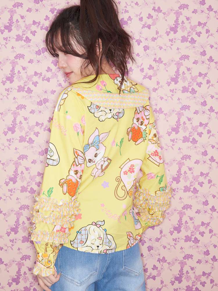 Yellow Ruffled Critter Print Shirt【s0000015032】