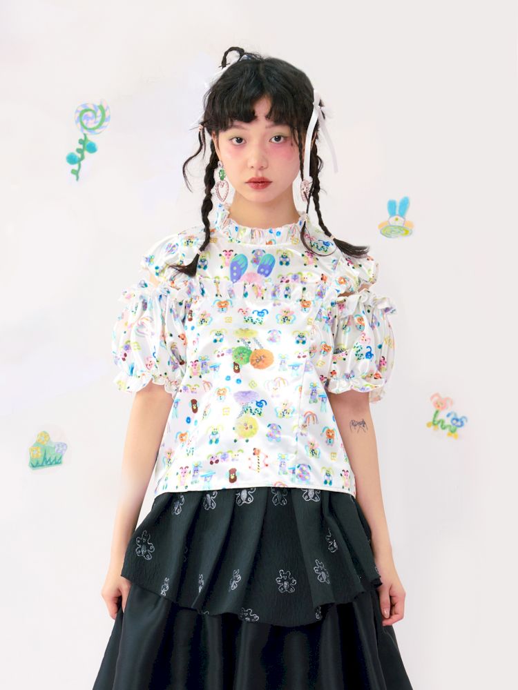 Satin Colour Print Short Bubble Sleeve Shirt【s0000009540】