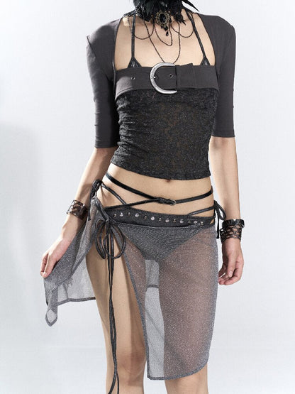 Patchwork Lace Leather Button Top【s0000018478】