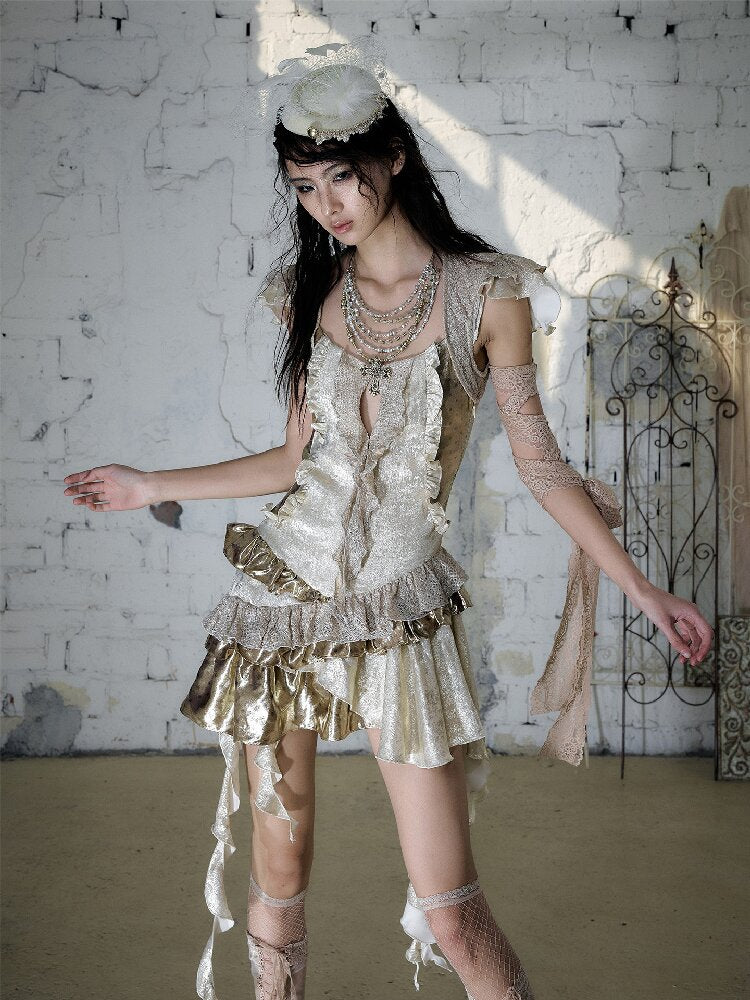 Baroque Satin Ruffle Two Piece Dress【s0000016996】