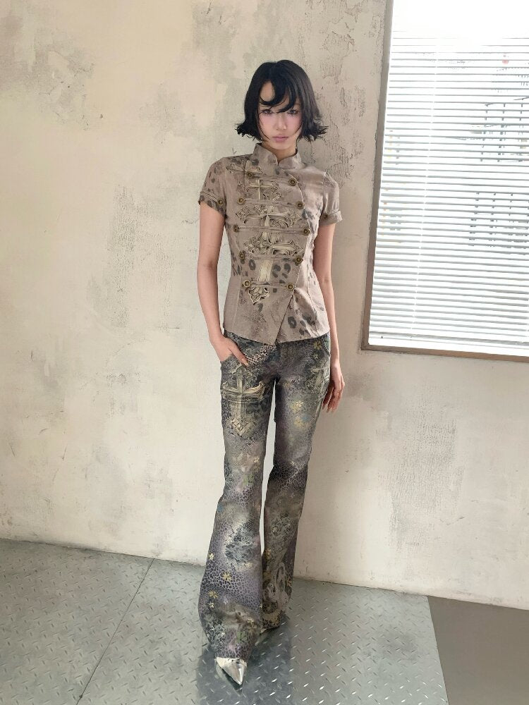 Leopard Cross Cotton Flared Pants【s0000018087】