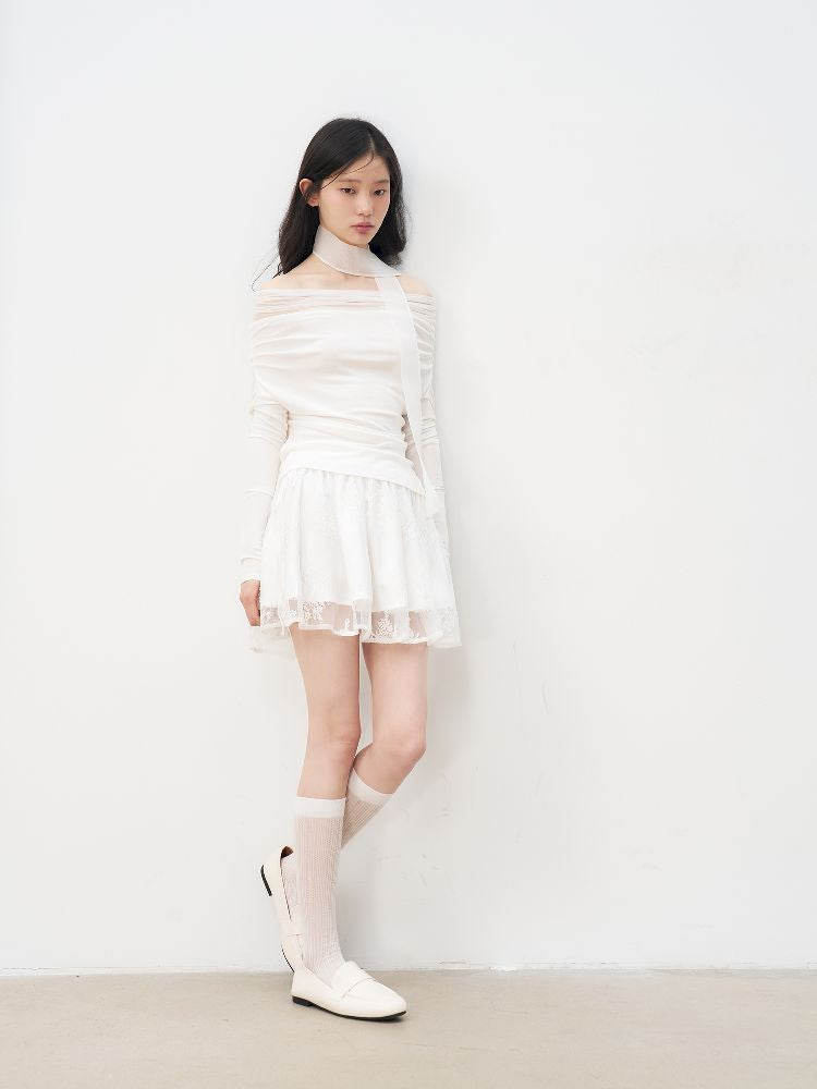 One Shoulder Top + Lace Embroidered Half Skirt【s0000011955】