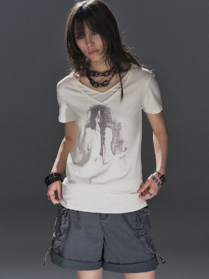 Portrait Print Linen Punk T Shirt【s0000016245】