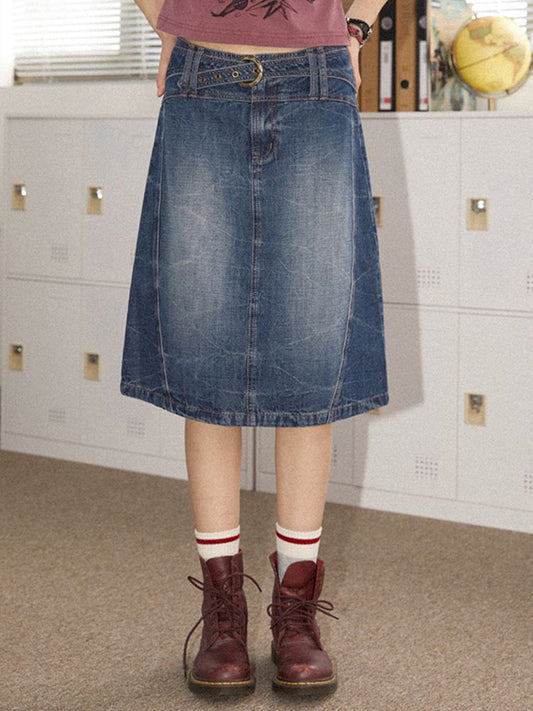 Old Washed Denim Bustier Thin A-Line Skirt [S0000008837]