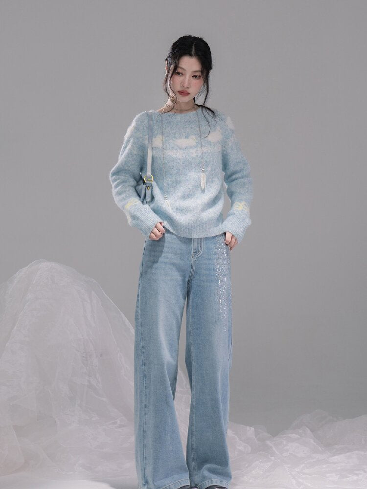 Blue One-Shoulder Jacquard Sweater【s0000015736】