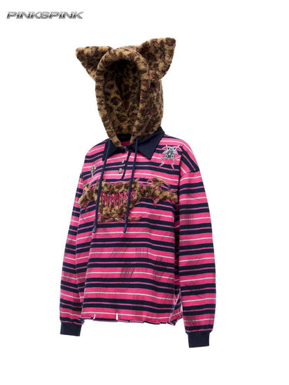 Pink Striped Leopard Cat Ear Hood【s0000015115】