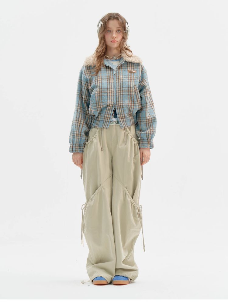 모피 칼라 슬림 블루 격자 무늬 짧은 코트 [S0000011507]