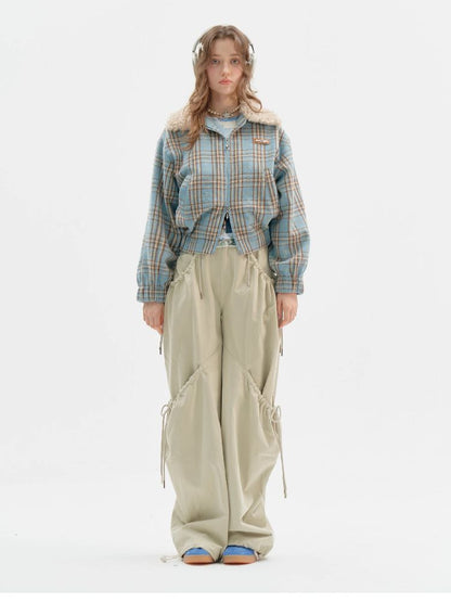 모피 칼라 슬림 블루 격자 무늬 짧은 코트 [S0000011507]