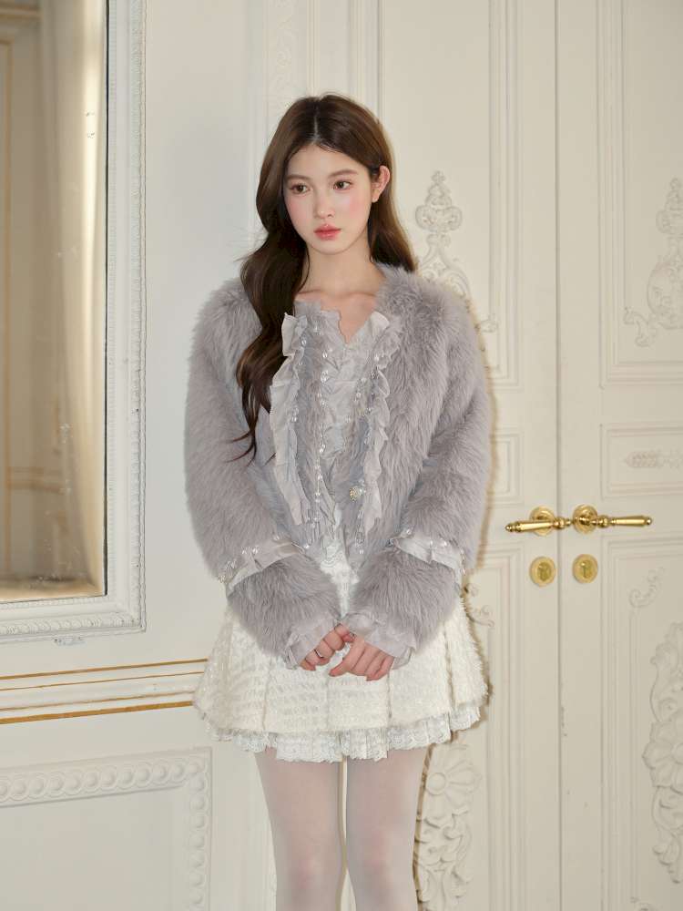 Gray Lotus Lace Bead Fur Jacket【s0000015049】