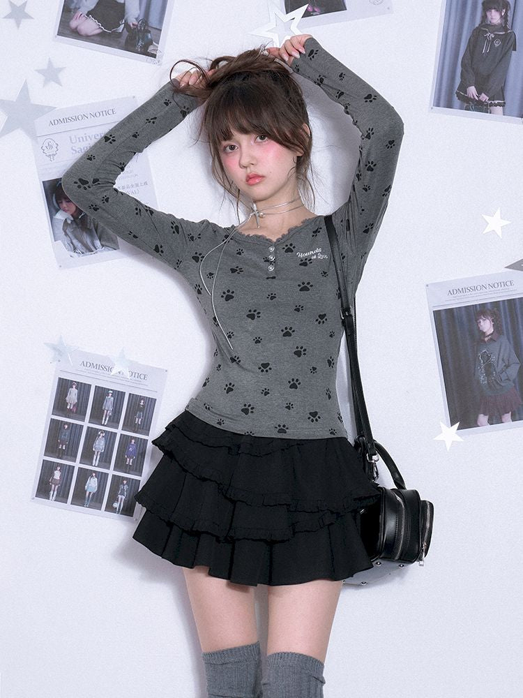 V-neck Long Sleeve Slim Printed Gray T-shirt【s0000011663】