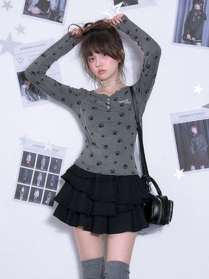 V-neck Long Sleeve Slim Printed Gray T-shirt【s0000011663】