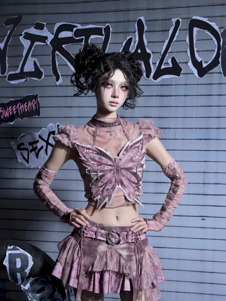 Sequined Denim A-Line Lace-Up Low-Waist Mini Skirt【s0000014026】