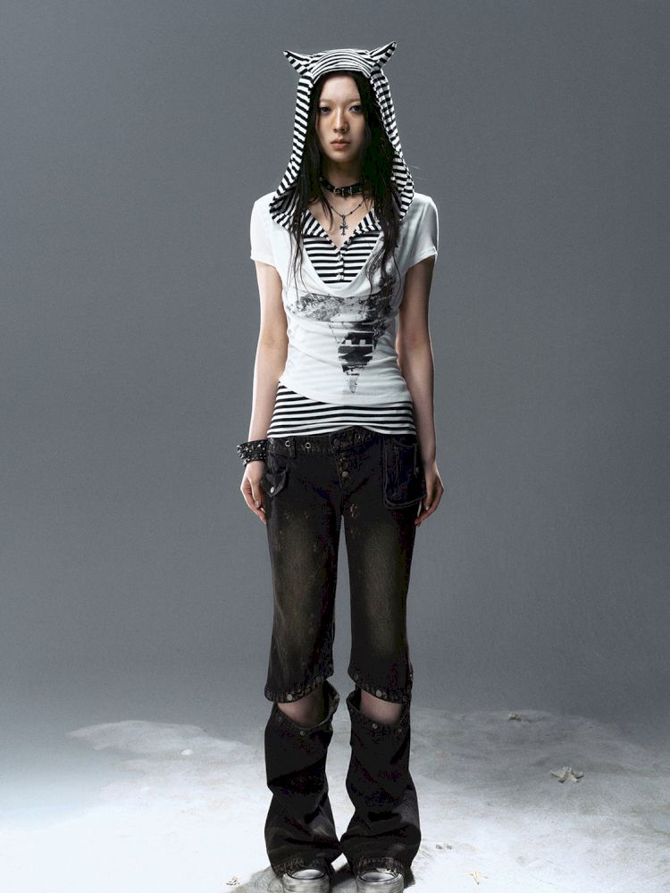 Swing Neck Striped Short Sleeve T-Shirt【s0000012807】