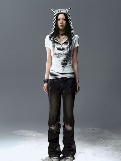 Swing Neck Striped Short Sleeve T-Shirt【s0000012807】