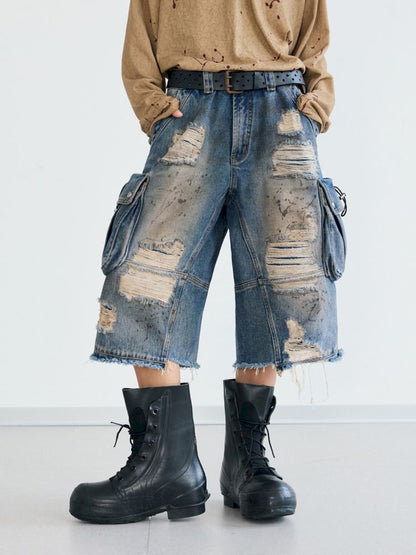 Washed and Ripped Denim Seven-Point Pants【s0000012476】