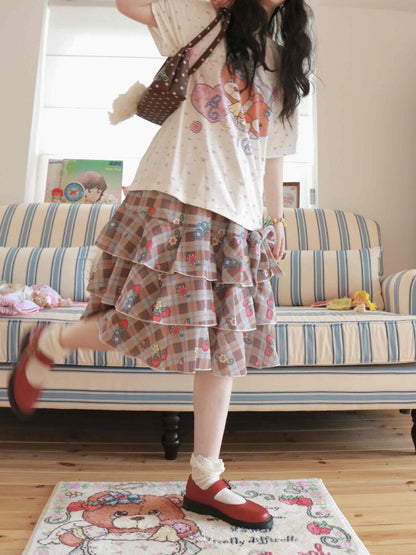 Strawberry Plaid Print Midi Skirt【s0000017504】