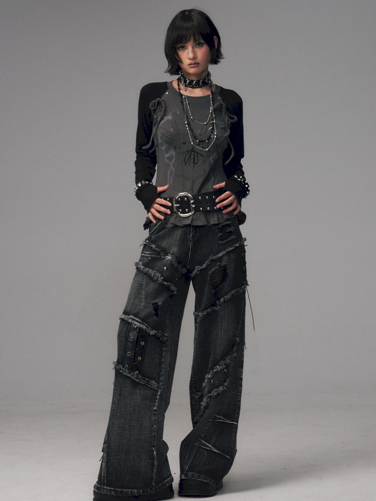 Raw-Edge Washed Distressed Riveted Pants【s0000014453】