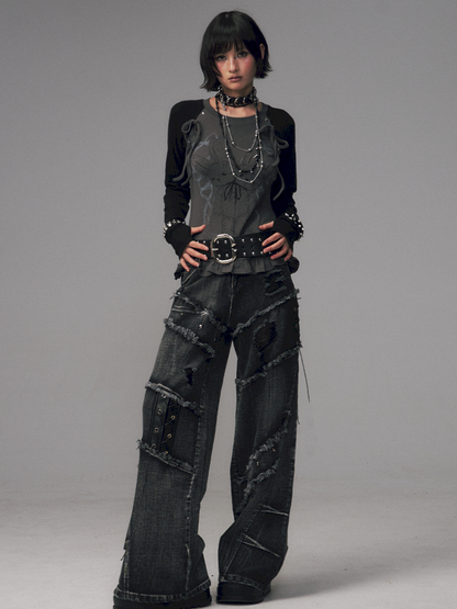 Raw-Edge Washed Distressed Riveted Pants【s0000014453】