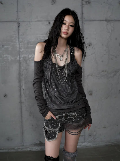 Off-Shoulder Long Sleeve Blouse【s0000014121】