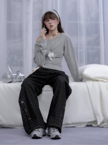 Gray slanted shoulder T-shirt【s0000014371】