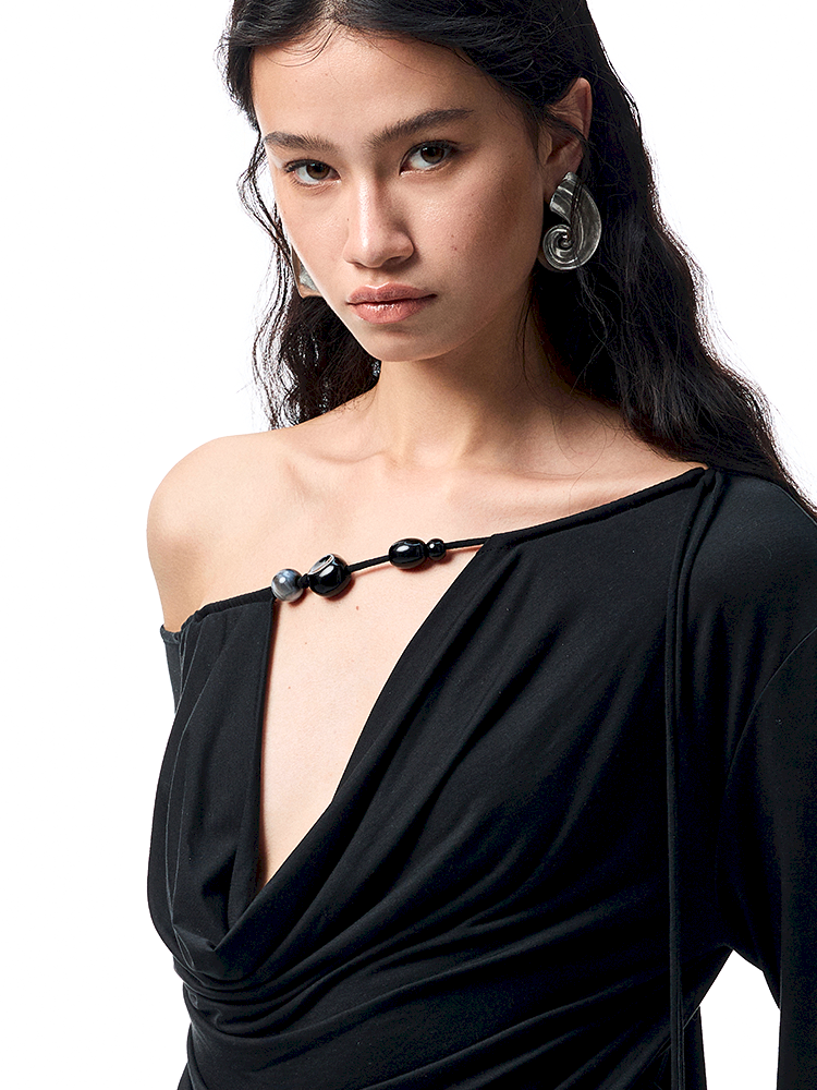 Beaded Swing Neck Strapless Long Sleeve Blouse【s0000012404】