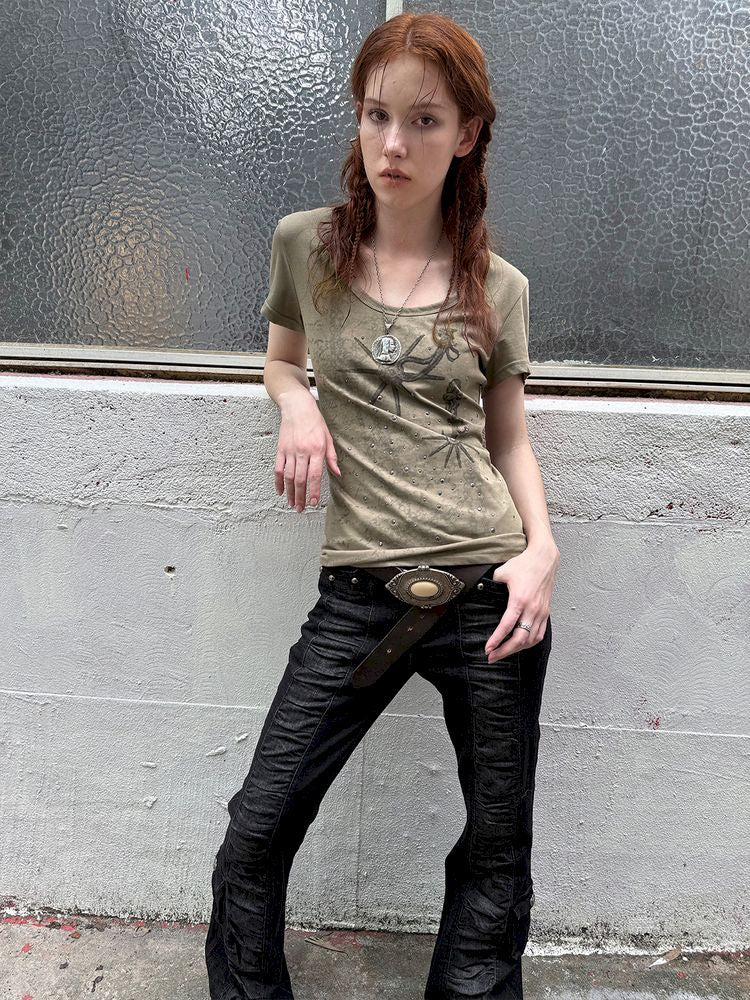 Basic Style Western Print Rhinestone T-Shirt【s0000012833】