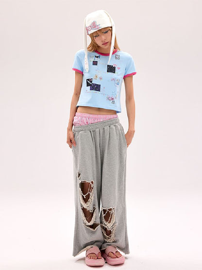 Fake Pants Slanting Ripped Sweatpants【s0000012179】