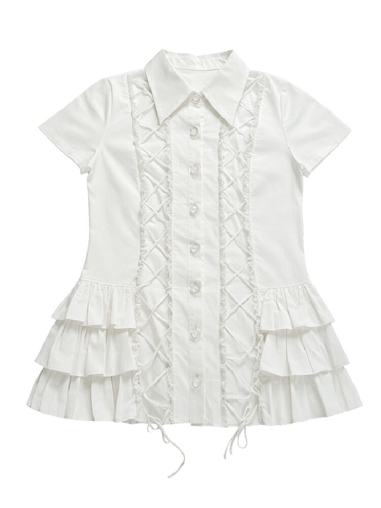 Ruffled Lace Tie Up Shirt Dress【s0000018181】