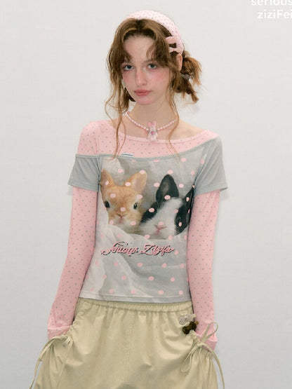 Colorblock Rabbit Print Shirt【s0000017893】