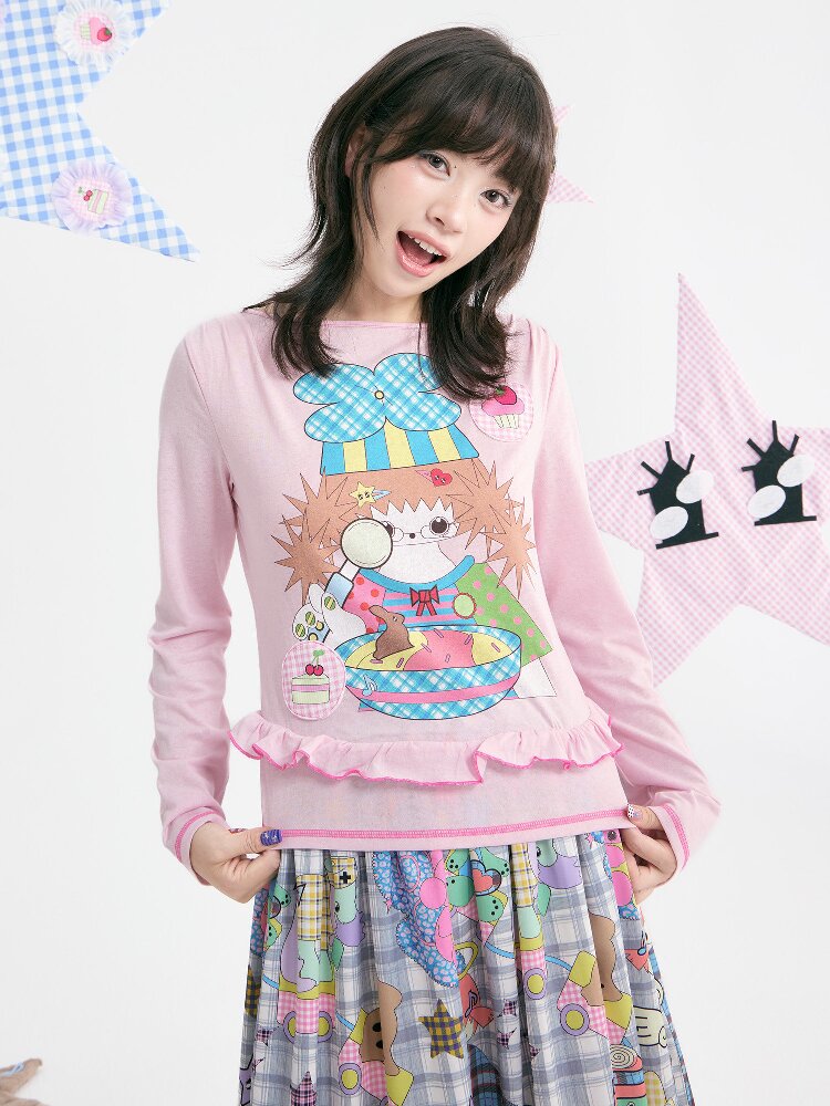 Pink Illustration Lace Long Sleeve T-Shirt【s0000018373】