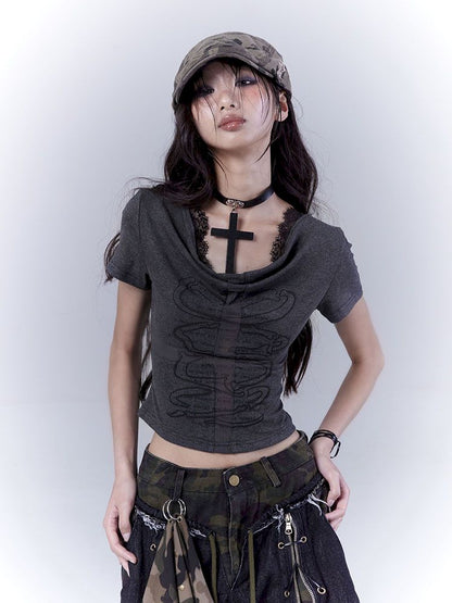 Openwork cross print lace T-shirt【s0000012847】