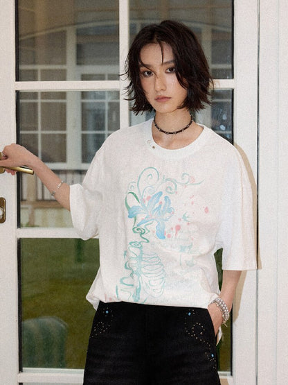 Pearl Print Dropped Shoulder Tee【s0000016662】