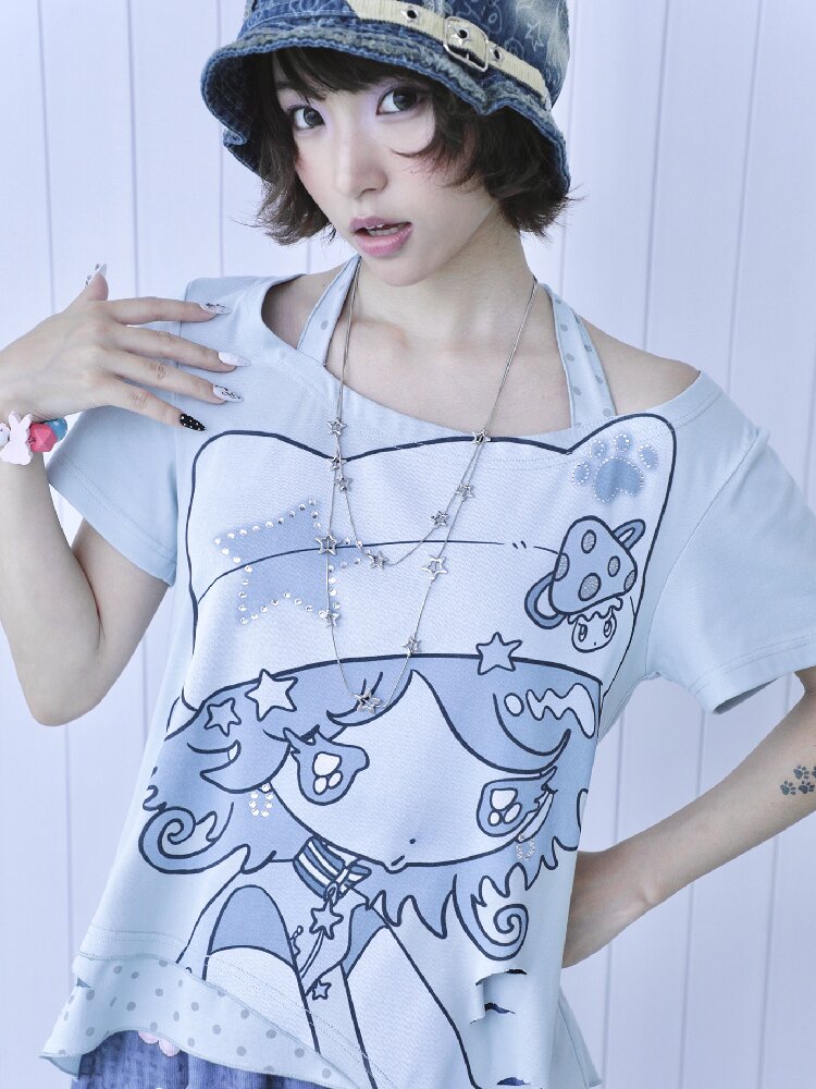 Vintage Halter Strap Two Piece T-shirt【s0000017477】