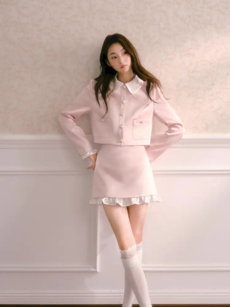 Doll Collar Short Jacket Flounce-Hem Bodycon Skirt【s0000014334】