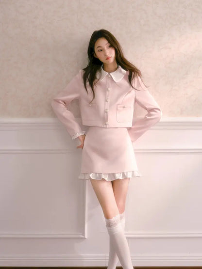 Doll Collar Short Jacket Flounce-Hem Bodycon Skirt【s0000014334】