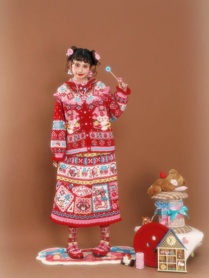 Red Jacquard Vintage Lace Skirt【s0000015590】